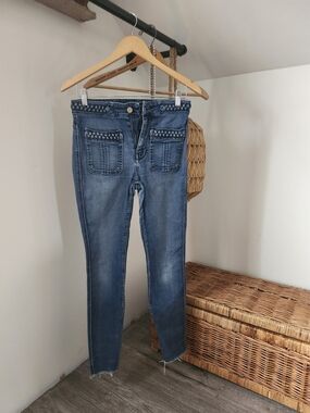 7 For All Mankind Women's Blue Skinny Jeans with Braided Waistband